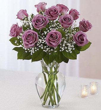 One Dozen Long Stem Purple Roses with Baby\'s Breath