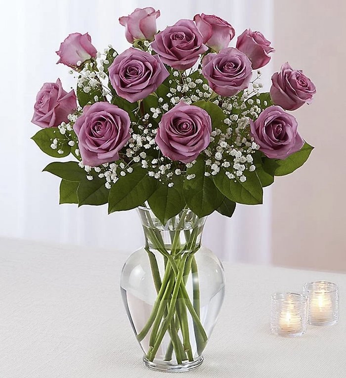 One Dozen Long Stem Purple Roses with Baby\'s Breath