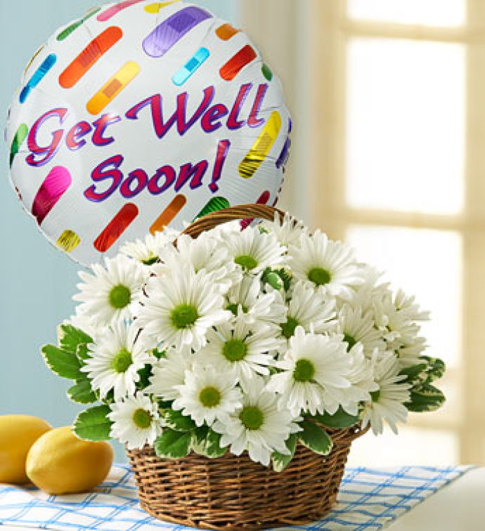 Basket Full of Daisies with Get Well Balloon