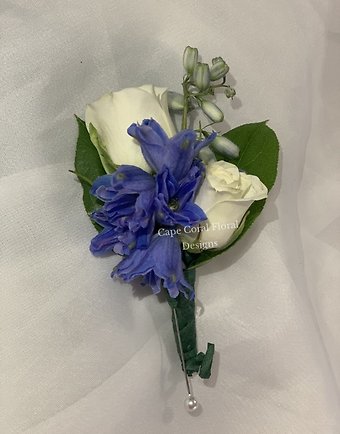 White Spray Rose & Delphinium Boutonniere