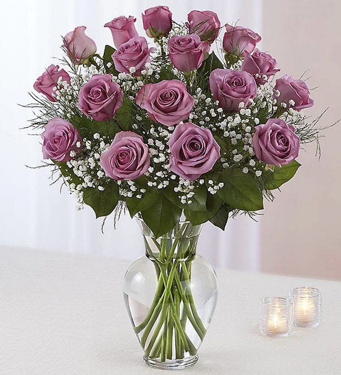 Elegance 18 Long Stem Purple Roses with Baby\'s Breath