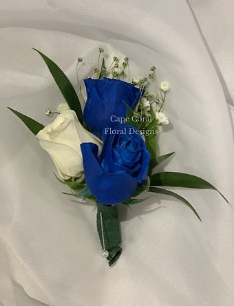 White & Blue Spray Rose Boutonniere