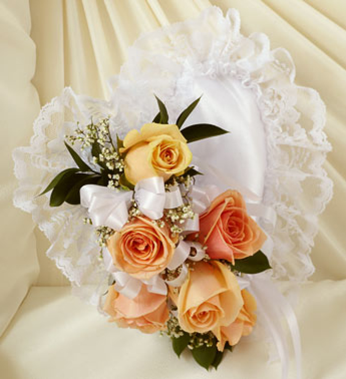 Peach and White Satin Heart Casket Pillow