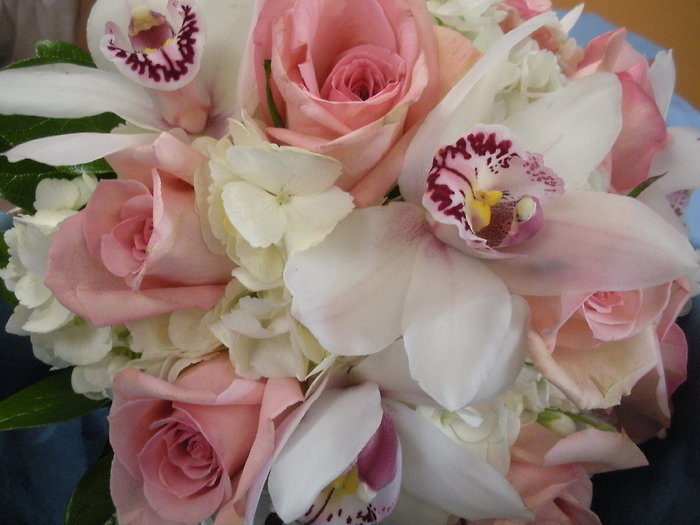 Hydrangea,  Rose and Cymbidium Orchid Bouquet.